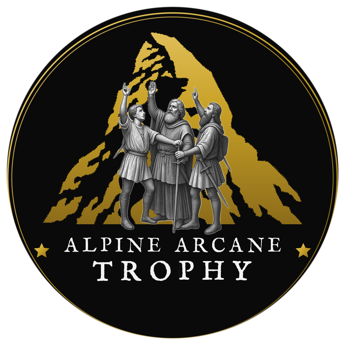 Alpine Arcane Trophy emblem — circular engraving of three knights